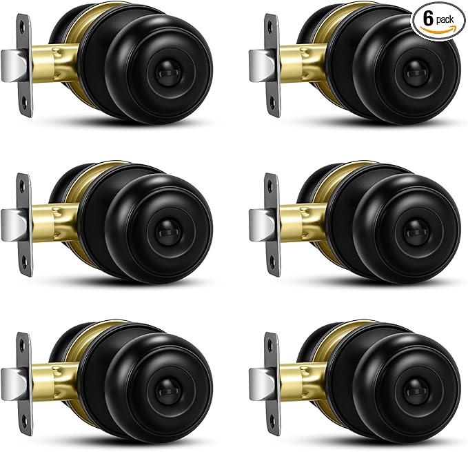 Plustool 6 Pack Matte Black Door Knobs, Privacy Door Knob with Lock, Interior Doorknobs with Round Ball, Keyless Door Lockset for Bedrooms Bathrooms