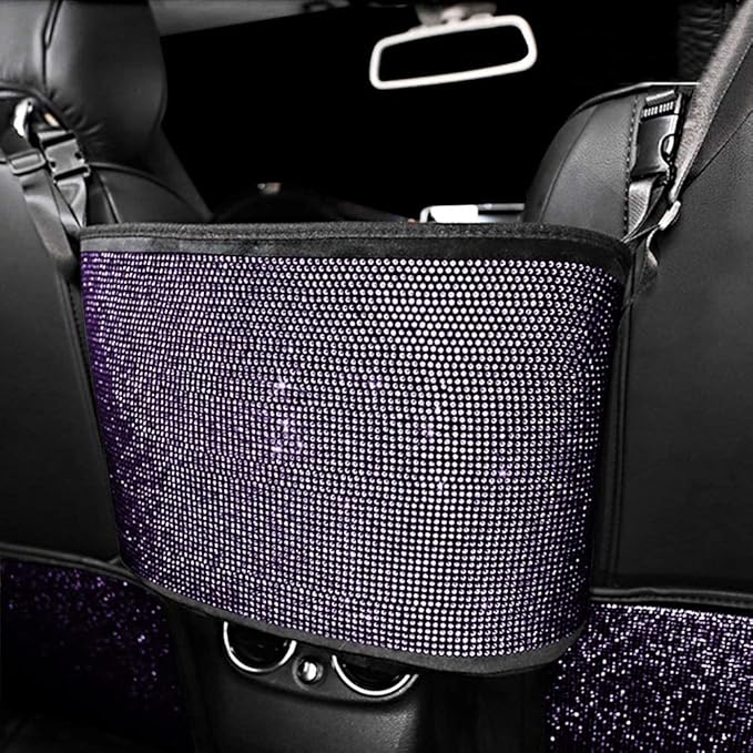 eing Crystal Car Organizers and Storage Purse Holder, Car Seat Back Net Handbag Accessories with Bling Diamonds for Women, Car Pet Barrier for Dogs and Kids, Purple