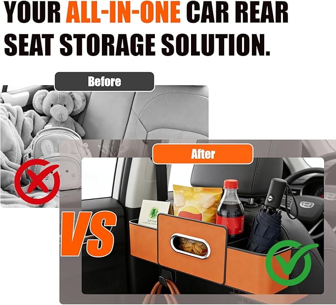 Car Backseat Organizer Multifunction Storage Box Vehicle Seat Accessories Cup Tissue Trash Hooks Phone Snack Drink Handbag Leather Interior Utility Portable Durable Easy Installation Secure(Beige)