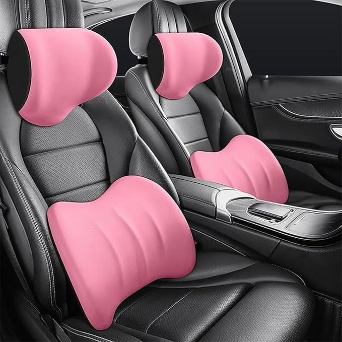 Car Headrest & Lumbar Support Cushion for Hyundai Santa Fe 2010-2023, Ergonomic Car Seat Headrest Memory Foam Neck and Back Pillow Kit Breathable Removable for Driving Fatigue Relief,Dpink