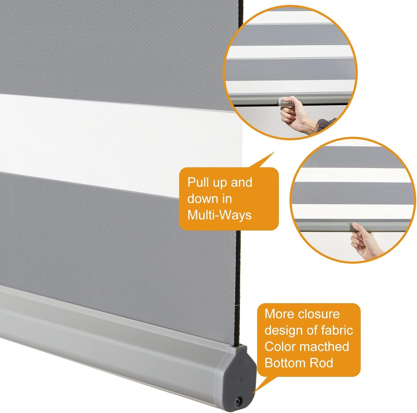 Persilux Cordless Zebra Blinds for Windows (45" W X 64" H, Grey) Free-Stop Dual Layer Roller Windows Shades for Day and Night, Light Filtering Sheer Shades for Home, Easy to Install
