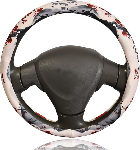 Cherry Blossom Japanese Sakura Steering Wheel Cover for 14.5-15 Inch (37-38 cm) Wheels, Premium Fabric with Non-Slip Rubber Inner Ring