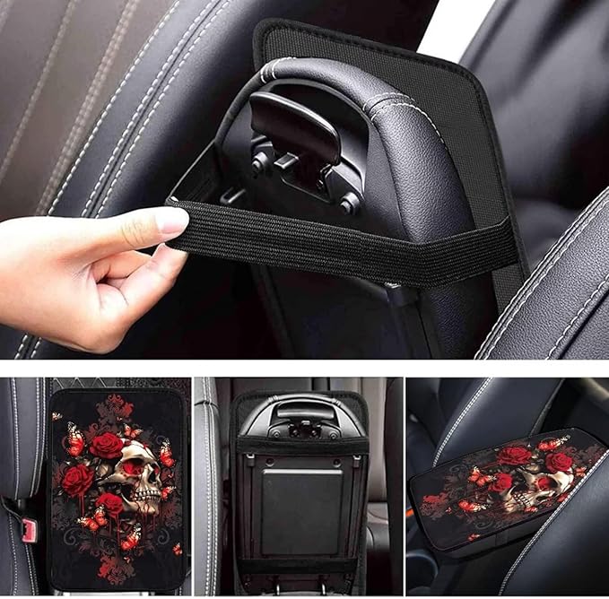 Dreaweet Rose Skull Arm Rest Cover for Car Women Gothic Car Accessories Universal Comfort Center Console Cover Soft Anti-Scratch Vehicle Center Console Armrest Cover Pad