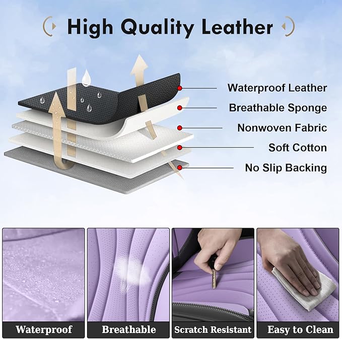 Coverado Seat Covers Full Set, Leather Car Seat Covers, Waterproof Seat Covers for Cars, Front and Back Car Seat Protectors, Car Seat Cushions Universal Fit for Most Cars (Gray&Purple)