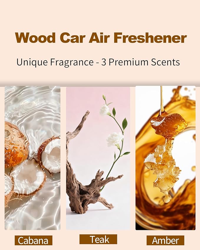 Car Air Freshener-The Original Wood Air Freshener for Visor Clip - Long Lasting Car Odor Eliminator and Scent Diffuser for Cabin, Truck & SUV-Includes 1 Metal Clips-Cabana
