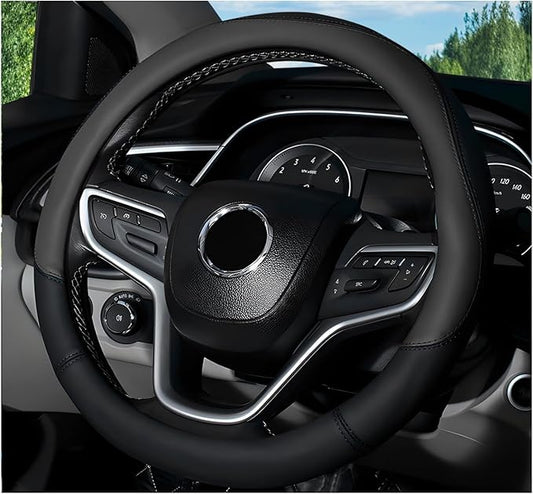 Leather Steering Wheel Cover, 15 Inch Soft Breathable Car Wheel Cover with Anti-Slip Lining, Universal Comfortable Steering Wheel Protector for Most Cars Trucks SUVs (Black)