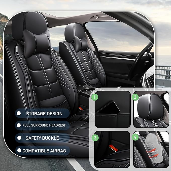 Leather Car Seat Covers Fit for Toyota Avalon 1996-2024, 5 Seater Car Seat Cover, Premium Waterproof, Scratch Resistant Car Interior Accessories (Full Set with Pillow Black)