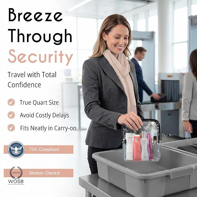 BORSALI TSA Approved Toiletry Bag - Clear Quart Size for 3-1-1 LIquids for Carry On Travel - Toiletries Organizer - Cosmetic Pouch with Zipper - Travel Accessories - 4 Pack