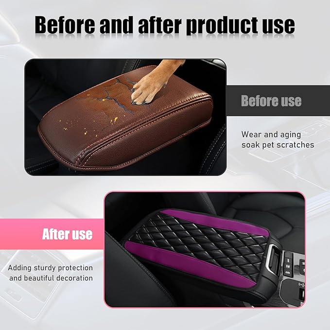Car Center Console Cushion Pad, PU Leather Waterproof Auto Armrest Box Cover Protector, Comfortable Armrest Seat Box Cover Mat, Universal Car Accessories for SUV Truck (Purple)