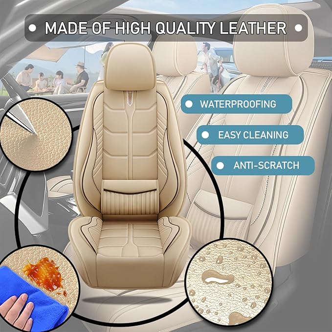 Leather Car Seat Covers Fit for Toyota Sequoia 2001-2024, 5 Seater Car Seat Cover, Premium Waterproof, Scratch Resistant Car Interior Accessories (Full Set Beige)