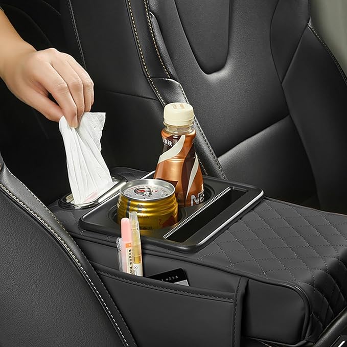 Car Armrest Cushion, 5-in-1 Center Console Cover with 2 Storage Bags Cup Holder, Cup Holder Tissue Slot Phone Slot for Car, Universal Car Armrest Box Cover Protection Pad for Most Vehicles (B)