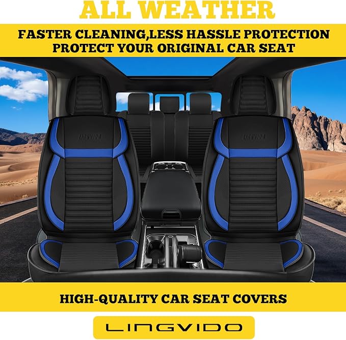 LINGVIDO Front Car Seat Covers, Faux Nappa Leather, Airbag Compatible and Waterproof Protectors for Sedans SUVs, Breathable Anti-Slip Interior for Commuters and Rideshare, Black/Blue