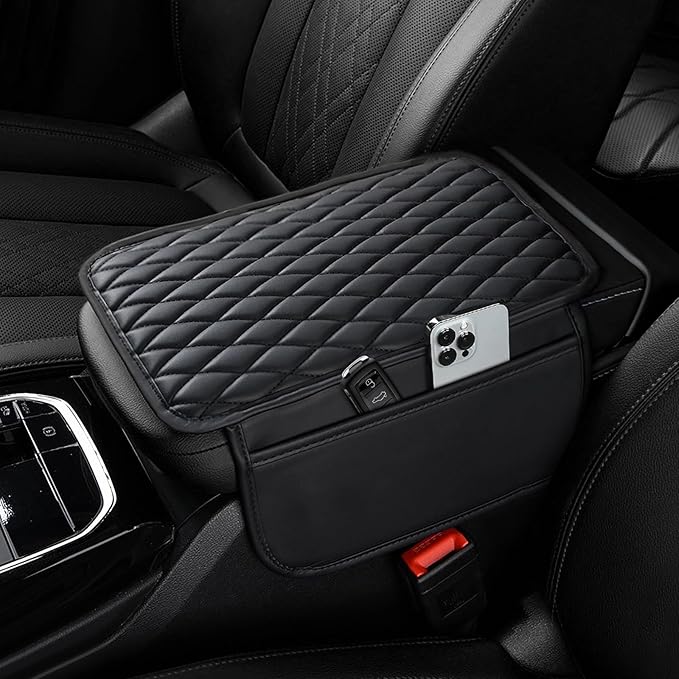 Ouzorp Car Center Console Cover, Upgraded Microfiber Leather Car Arm Rest Cover with 2 Storage Bags, Universal Armrest Cover for Car Storage Box Car Interior Accessories Protector for Most Vehicle