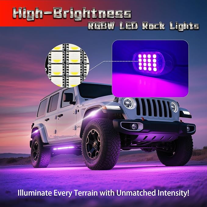 12 Pods RGBW LED Rock Lights for Truck Jeeps Trailer Off Road Van ATV UTV RV, Waterproof Multicolor Neon Underglow Kit with APP/RF Remote Control&Brake Red Function,12V Pure White Underbody Lights