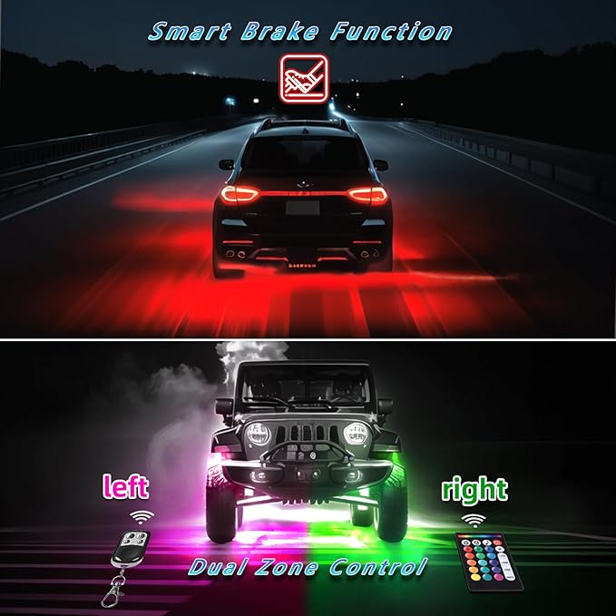 10Pods RGB LED Rock Lights Kit with APP/RF Remote Control, Car Underglow Lights with Dual Zone Brake Multicolor Neon Underbody Light Waterproof 12V for Trucks Pickup Jeep Golf Cart SXS ATV Golf Cart