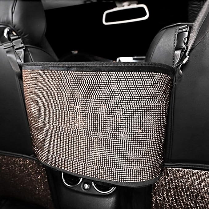 eing Crystal Car Organizers and Storage Purse Holder, Car Seat Back Net Handbag Accessories with Bling Diamonds for Women, Car Pet Barrier for Dogs and Kids, Gold