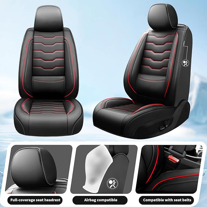 Fit Rogue Car Seat Covers Compatible with Nissan Rogue 2011-2025 2026 - Premium Leather， Waterproof Breathable， All-Weather Seat Cushion Protecto&Airbag Compatible (2 Front Seat Red Line Black)