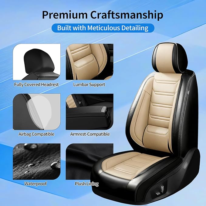 Fit Cruze Car Seat Covers for Select Chevrolet/Chevy Cruze 2011-2019, Premium Full Coverage Leather, Airbag Compatible, Waterproof All Weather Seat Cushion Protector, Front Pair Black+Beige