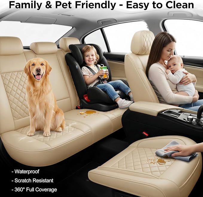 Fit Ioniq Car Seat Covers for Hyundai Ioniq 2017-2026 - Premium Leather, Waterproof, All-Weather, Airbag Compatible, Anti-Slip, Breathable, Easy Install, Seat Protectors, Full Set, Beige