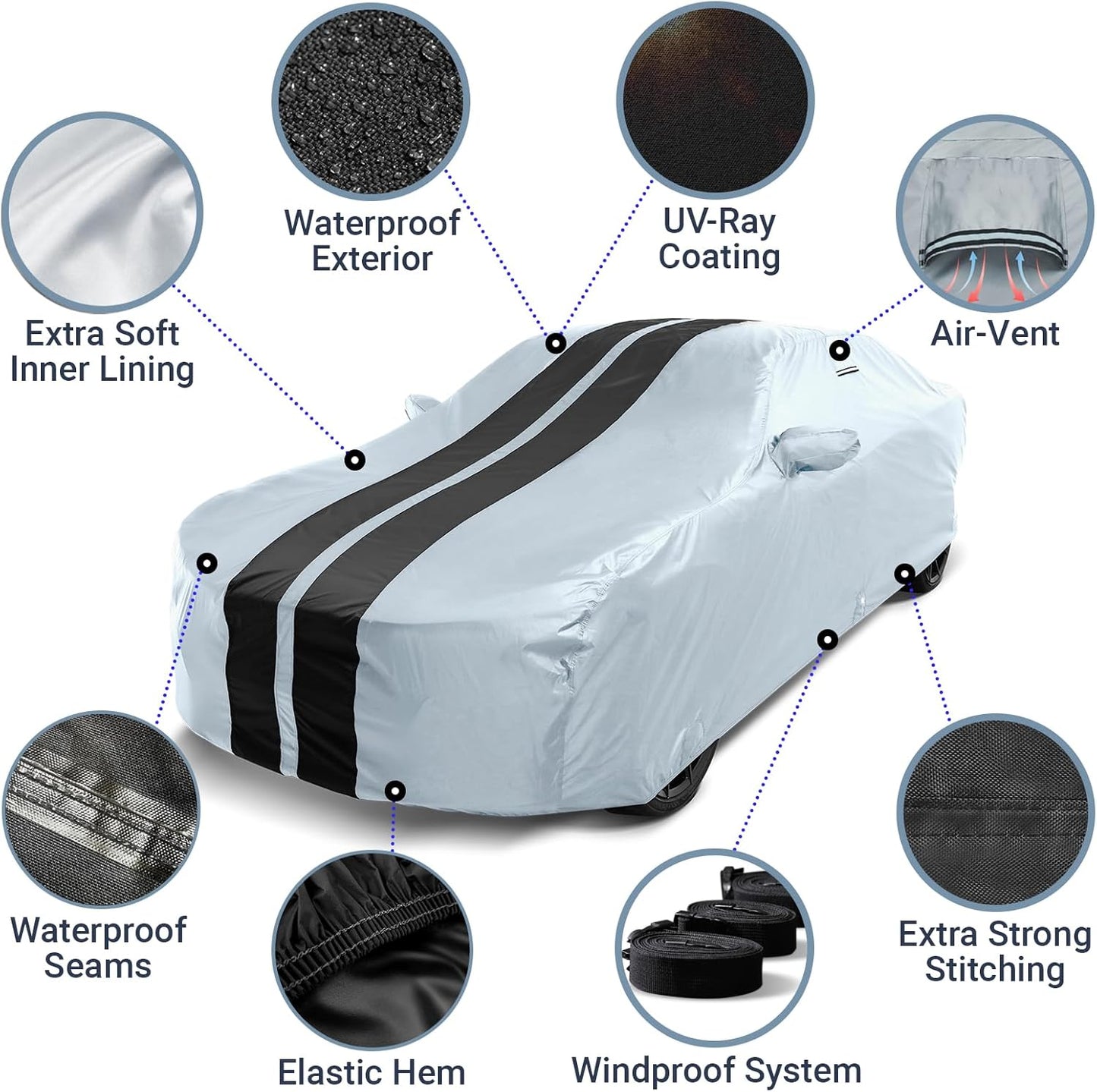 iCarCover Custom Car Cover for Chevy Camaro Z28, IROC-Z, RS, Berlinetta, Sport (1982-1992) Waterproof All Weather Rain Snow UV Sun Protector Full Exterior Indoor Outdoor Car Cover (Stripe-Gray/Black)