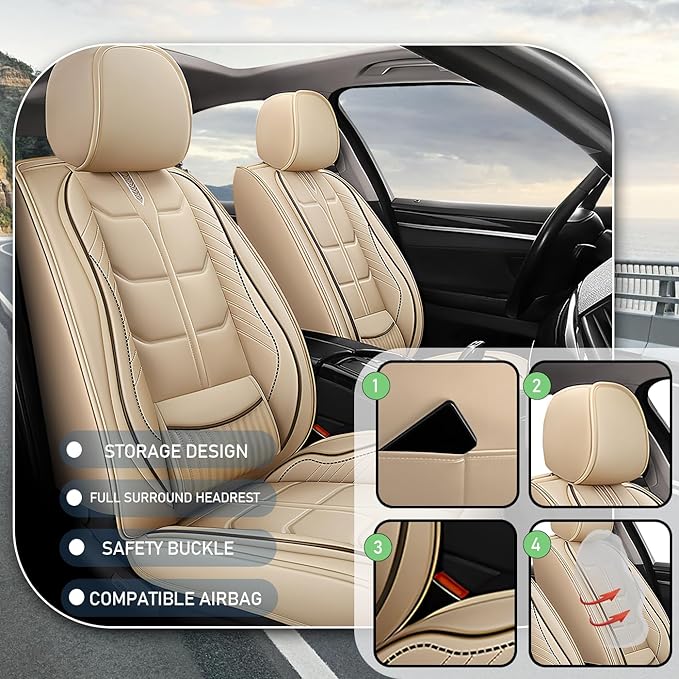 Leather Car Seat Covers Fit for Toyota Avalon Hybrid 2013-2024, 5 Seater Car Seat Cover, Premium Waterproof, Scratch Resistant Car Interior Accessories (Full Set Beige)