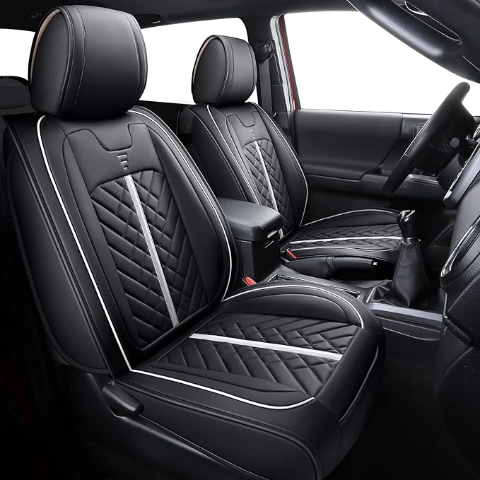 Tomatoman Tacoma Seat Covers Compatible with Toyota Tacoma 2005-2022 2023 2024 2025 2026 Truck Access Crew Double Cab TRD Offroad SR5 V6 Waterproof Faux Leather Car Cushions(Full Set/Black-White)