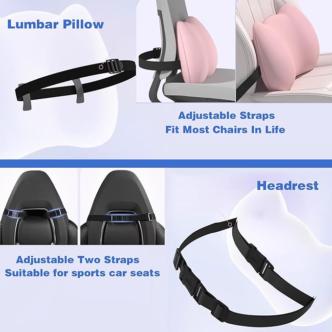 Lumbar Support Pillow for Car/Office Chair, Memory Foam Back Cushion, Fits Most Cars, Trucks, with Adjustable Strap and Washable Cover, Beige
