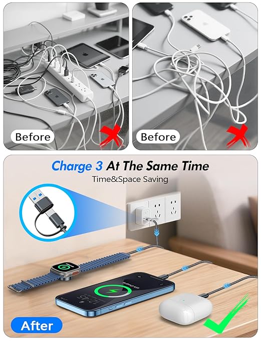 Travel Essentials for Apple Watch Charger,iPhone Charger,3 in 2 Type C/L/Magnetic Fast Charging Cable,Multi Charging Cable Portable Designed for iWatch Series,iPhone 17-11,Galaxy S26-S21,Car-6FT