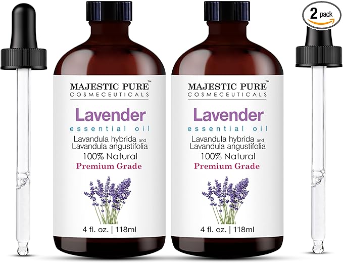 Majestic Pure Essential Oil with Glass Dropper - 100% Pure and Natural - Essential Oils for Diffuser, Aromatherapy, Soap and Candle Making, Lavender Essential Oil, Lavender Oil, 4 Fl Oz Pack of 2