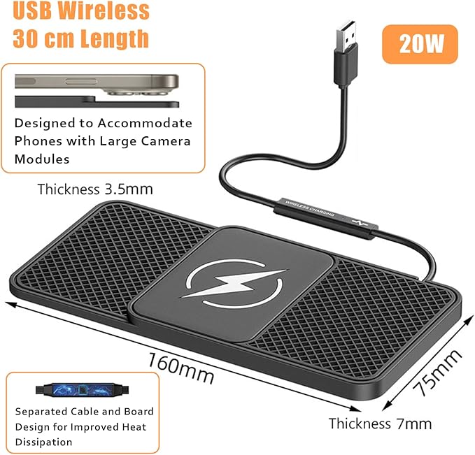 Wireless Car Phone Charger for Mercedes-Benz C-Class (W206) 2021–2025, Type C/USB 20W Fast Charging Pad, Non-Slip Charging Station for Travel Home Office Desk, Lightweight, USB