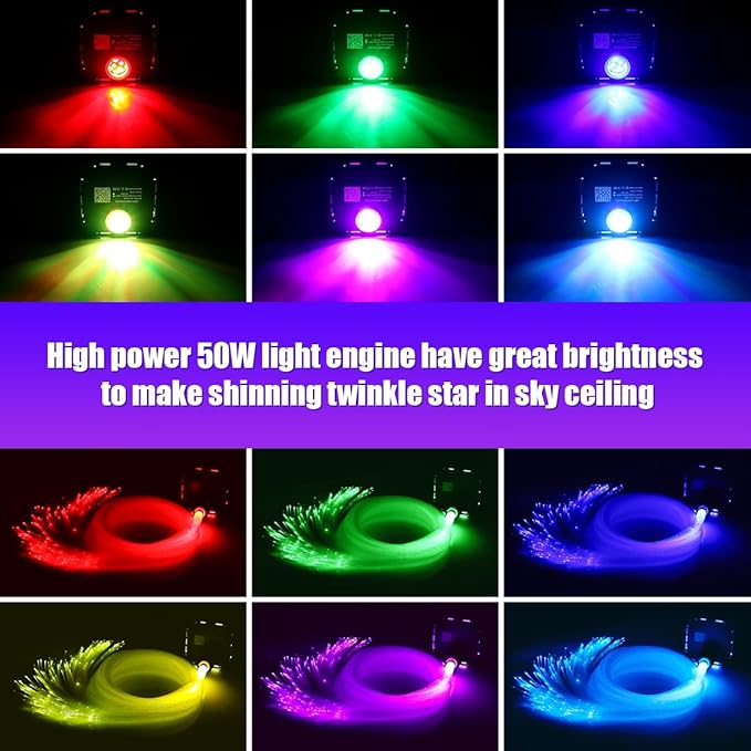AZIMOM High Brightness 50W Twinkle 1000pcs*0.03in*13.1ft Fiber Optic Starlight Kits End Glow Fiber Strands Sound Activated Bluetooth/APP Remote Control Theater Ceiling Home Shop Lobby Roof Decor