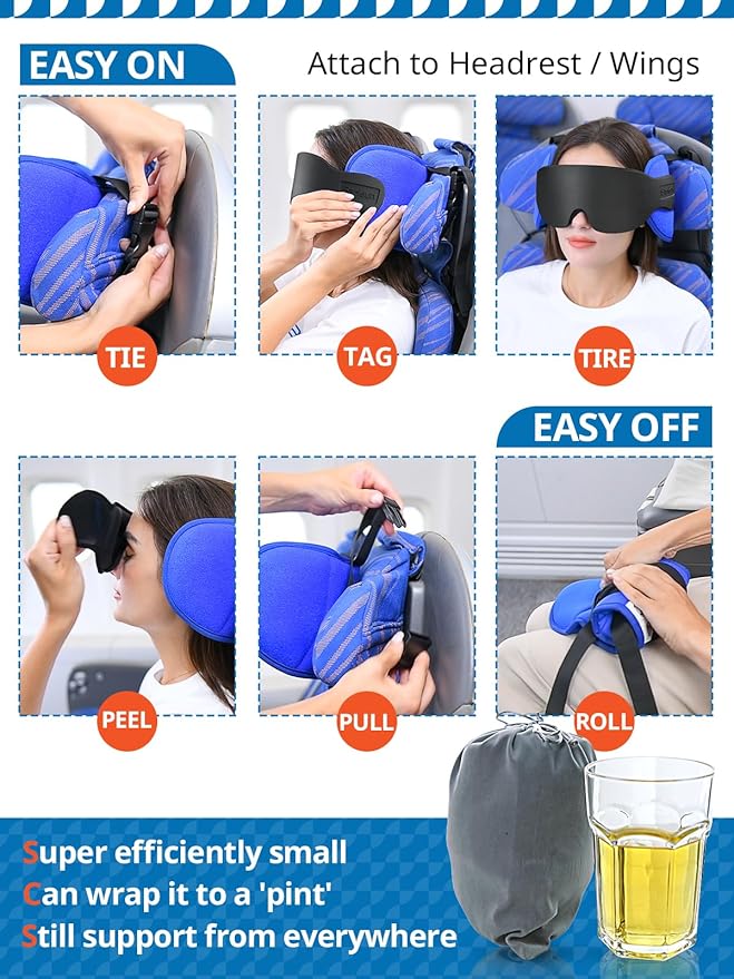 Travel Pillows for Airplanes, Airplane Pillow for Long Flight Car Road Trip, Airplane Head Strap with Sleep Eye Mask, 360° Support Headrest, Stop Bobblehead Travel Neck Pillow, Stripe Black