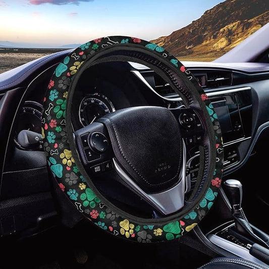 AFPANQZ Puppy Paws Print Steering Wheel Protection Stretch-on Fabric Machine Washable Women Men Neoprene Automotive Steering Wheel Covers Sweat Absorption Comfort Grip for Driver Black Colorful