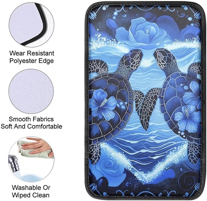 Suobstales Turtle Hibiscus Print Car Center Console Armrest Cover Seat Box Mat Auto Decorations Fit Most Vehicle SUV Truck Sedan