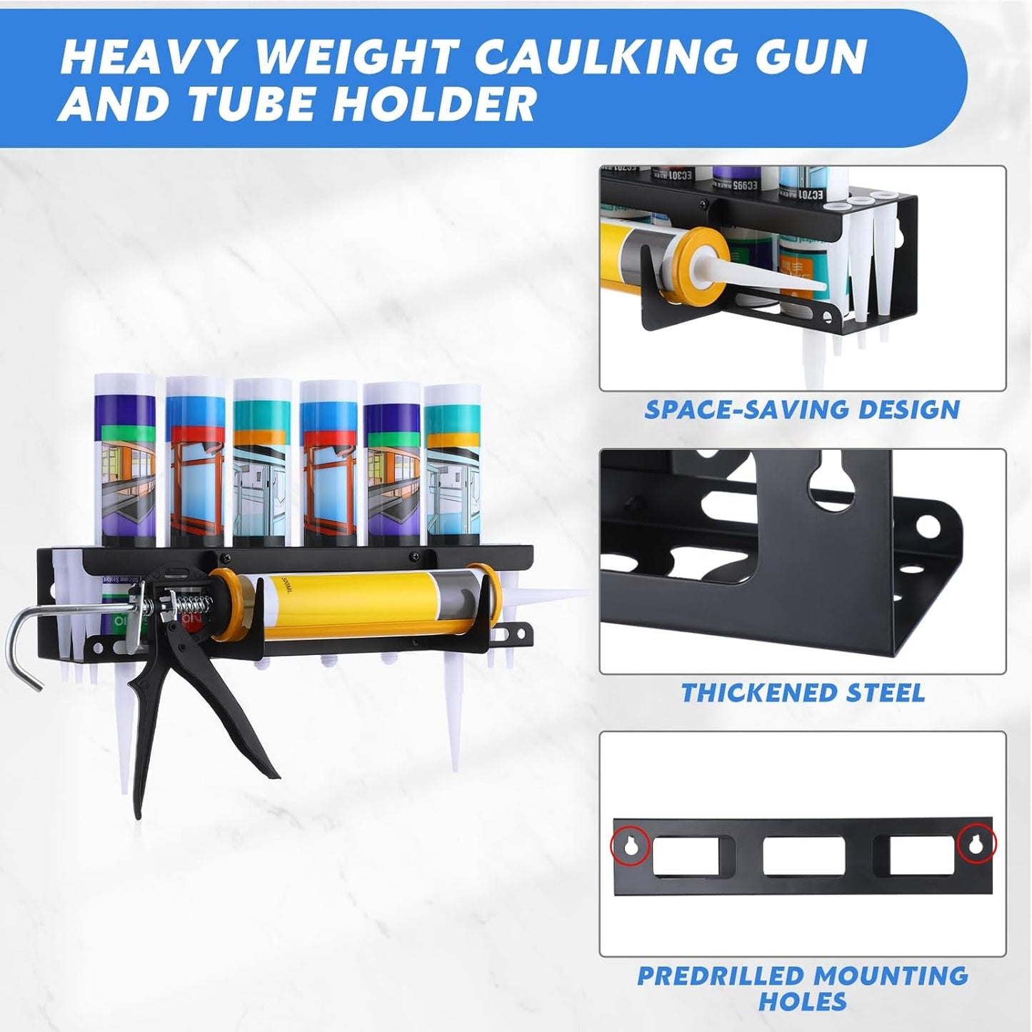 Hicarer 2 Packs Caulking Tube and Gun Holder Caulking Gun Storage Rack with Horizontally Base Sealant Organizer for Garage and Workspace Wall Mounted Tubes Nozzle