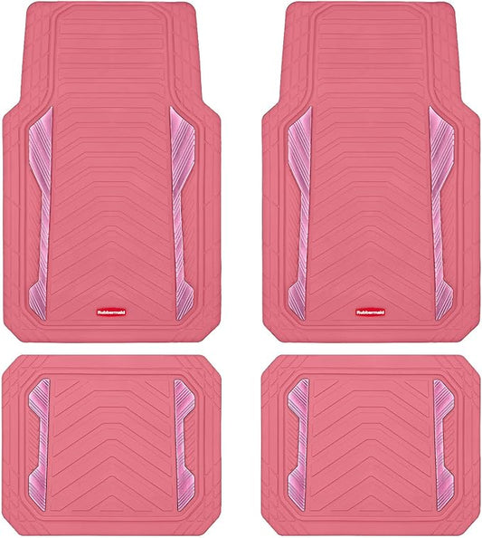 Rubbermaid Car Floor Mat, Heavy Duty All-Weather Car Mats Full Set with Dual-Tone Pink and Sliver Aluminum Inserts – Universal Fit, Anti-Slip Backing, Trim-to-Fit for Most SUV, Sedan, Van