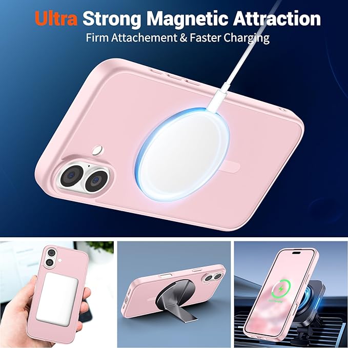SUPFINE Magnetic for iPhone 16 Case with Screen Protector (Compatible with MagSafe) (Military Grade Drop Protection) Translucent Matte Shockproof Phone Cover,Light Pink