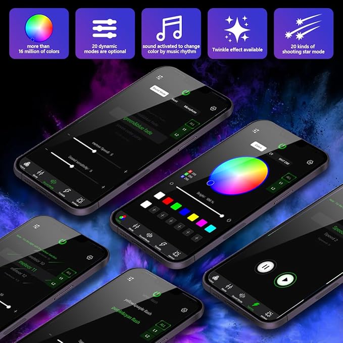 AMKI Dual Color 20W Twinkle Starlight Headliner Kit 1300pcs*0.03in 13.1ft Cables+ RGB Meteor Shooting Star Fiber Optic Light Sound Activated APP/Remote Control for Car Roof Home Ceiling