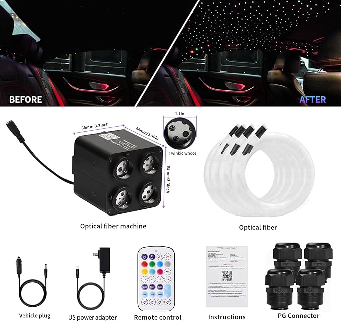 36W 4-Color RGBW Car Starlight Headliner Kit, 1200pcs0.03in13.1ft, Twinkle & Sound Activate 4-Port Fiber Optic Light Engine with Bluetooth APP&Remote Control, Star Lights for Car and Home