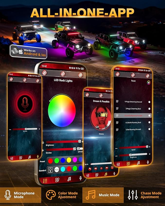 Auxbeam 8 Pods RGB LED Rock Lights with Brake Mode Wheel Well Lights w/Bluetooth APP+Remote Control Music Voice Sync Waterproof Dynamic Color Changing Underglow Kit for Trucks ATV Car 1 Year Warranty
