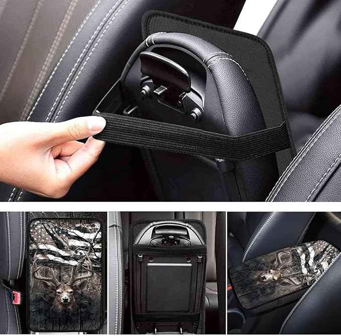Retro Deer Camo US Flag Print Center Console Armrest Cover for Car,Hunting Deer Auto Interior Accessories for Men