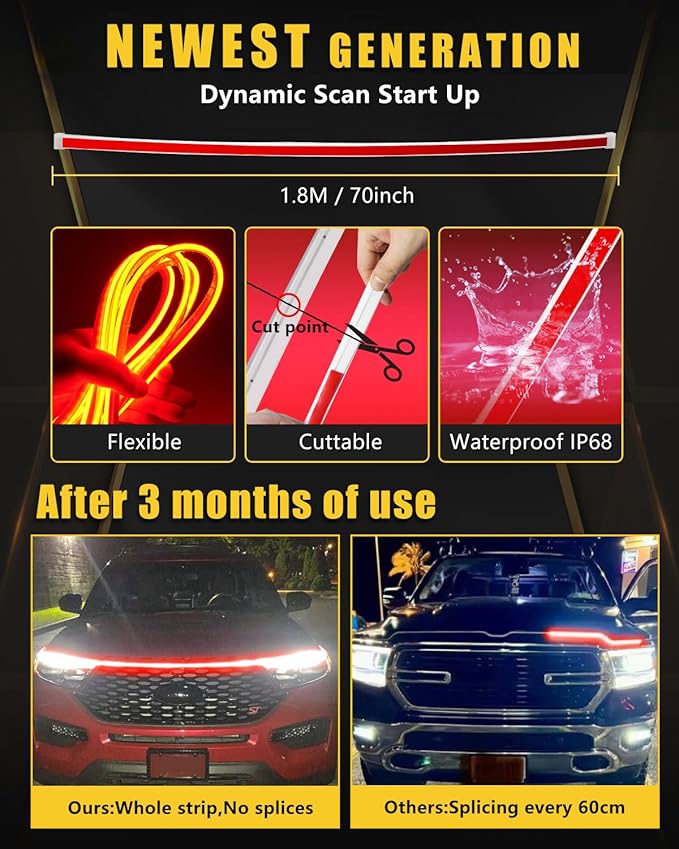 Sequential Turn Signal Led Light Strip Dynamic Scan Start Up Hood Lights Flexible DRL Daytime Running Light for Car,Truck,SUV,Dual Color Red Amber Flowing Switchback 12V 70inch /1.8M (1Set)