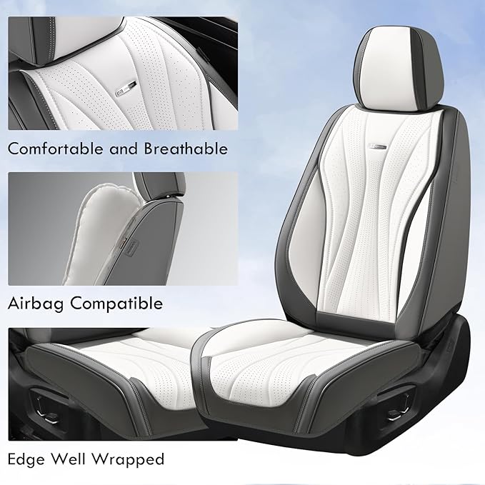 Coverado Front and Back Seat Covers, Waterproof Car Seat Cover, 5 Seat Leather Seat Cover for Cars, Universal Car Seat Protector, Automotive Seat Cover Car Seat Cushion Fit for Most Cars (Gray&White)