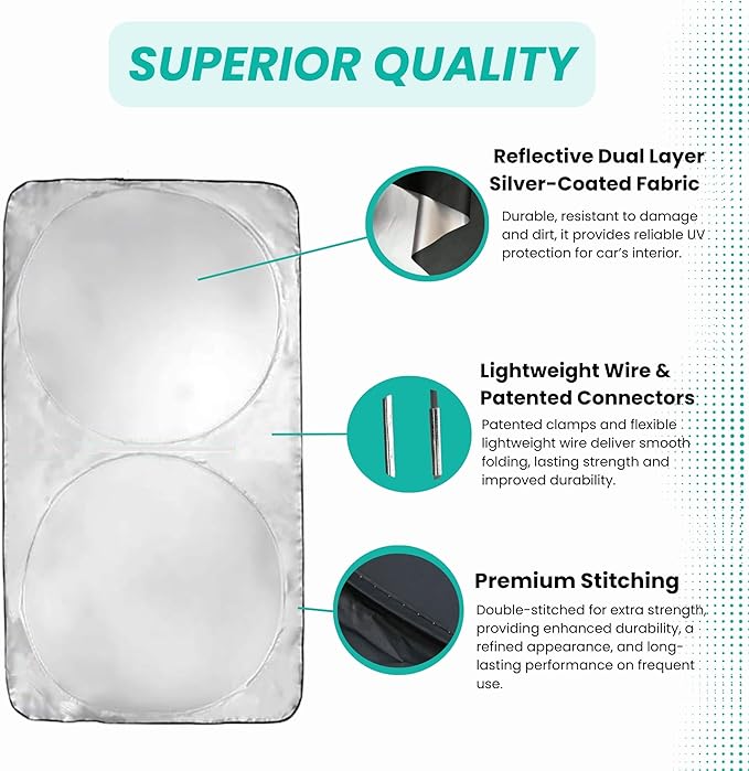 Windshield Sun Shade -Certified 99.87% UVB & 99.02% UVA Car Sun Shade. Award Winning Sunshade - Patented Technology | Compatible for Ford Econoline 1992-2026 | Car Shades by Kinder Fluff