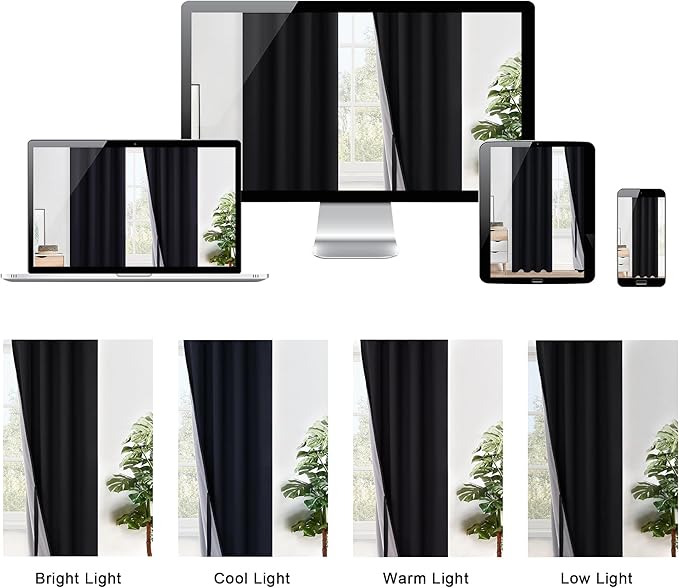 XWZO Full Shading Blackout Curtains 72 Inches Length - Heat and Light Blocking Ring Top Window Drapes with Black Liner Backing for Bedroom Sewn with Tiebacks, Black, W52 x L72, Set of 2
