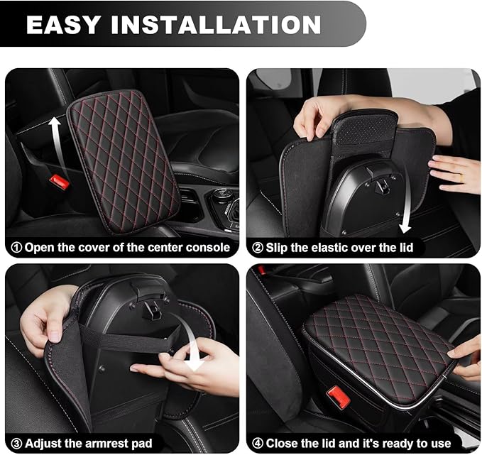 Upgraded Car Center Console Cover Fit for RAV4 Faux Leather Car Armrest Cover Cushion with 2 Storage Bags,Car Armrest Storage Box Interior Accessories(Black&Redline)