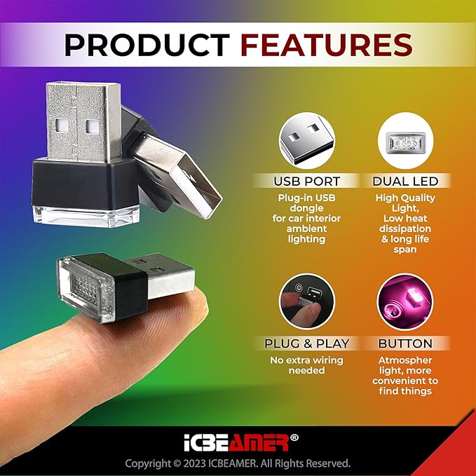 ICBEAMER USB Type-A LED Night Light 2-Pack (Purple) | Plug-in Universal Fit Automotive Accessory for Car Interior and Trunk Ambient Atmosphere Lighting