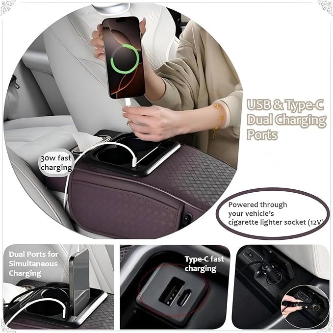 2026 Upgraded Car Center Console Cushion with 30w USB& Type-C Charging Ports, Leather Car Armrest Pad Cover, Interior Accessories for Most Vehicles (Classic Flat Version, Light Beige)