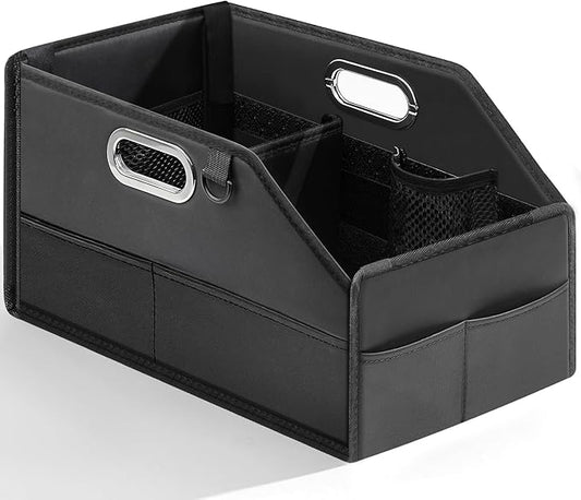 Car Seat Organizer for Back Seats&Front-Foldable PU Leather Storage with Adjustable Dividers,2 Cup Holders&7 Mesh Pockets-Detachable Design with Metal Handles for Kids Travel,Toys,Snacks