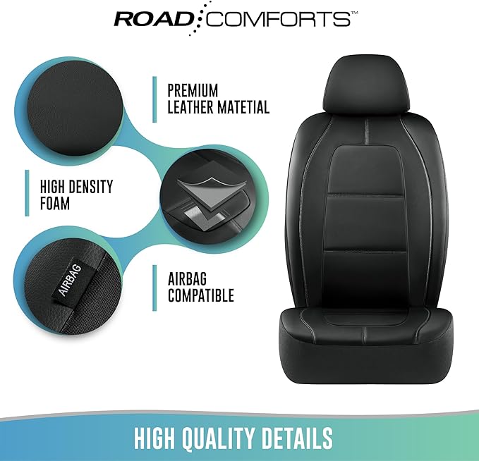 Road Comforts Car Seat Cover, Leather Car Seat Cover Full Set, Automotive Seat Covers, Airbag Compatible Universal Fit for Most Cars (Black)